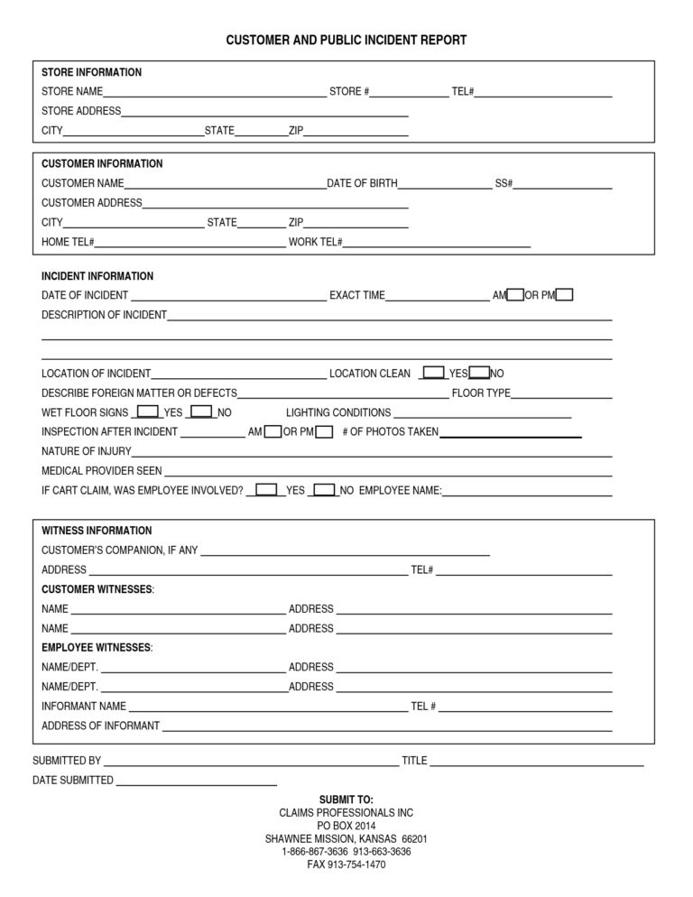 Customer Incident Report Form Template | Atlantaauctionco.com