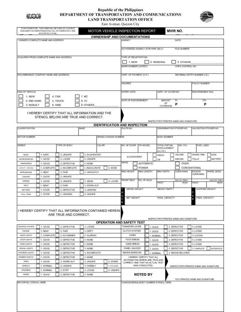 Annual Vehicle Inspection Report Template Free Form Driver's Throughout 