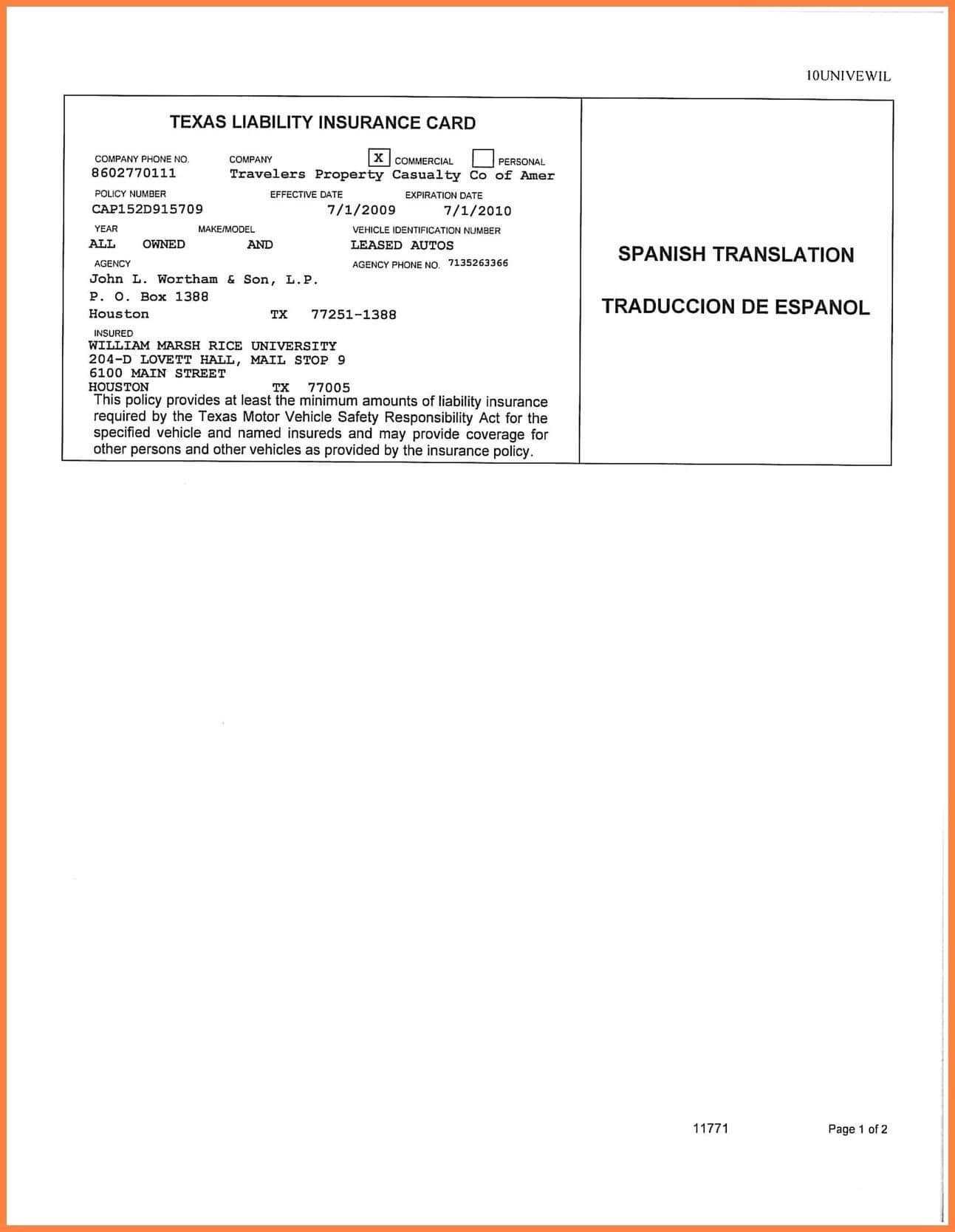 Proof Of Insurance Card Template