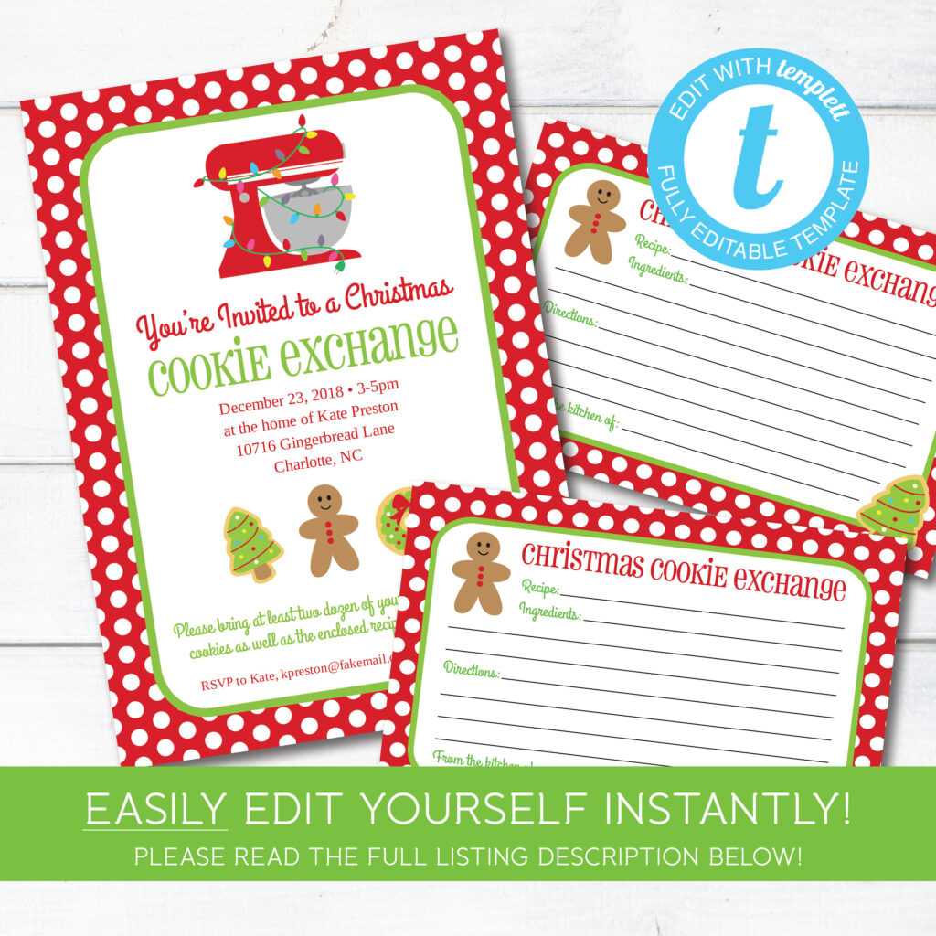 Editable Cookie Exchange Christmas Party Invitation And Recipe Cards ...