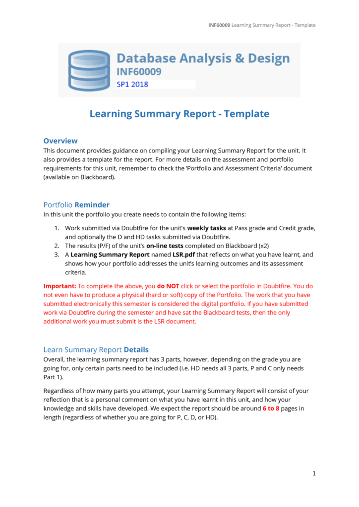 Inf60009 Lsr Template – Databas Learning Summary Report Throughout Work ...