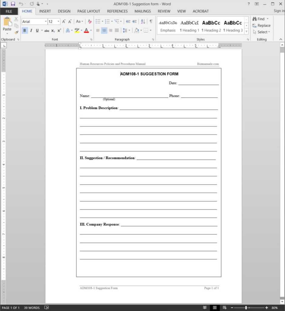 Word Employee Suggestion Form Template