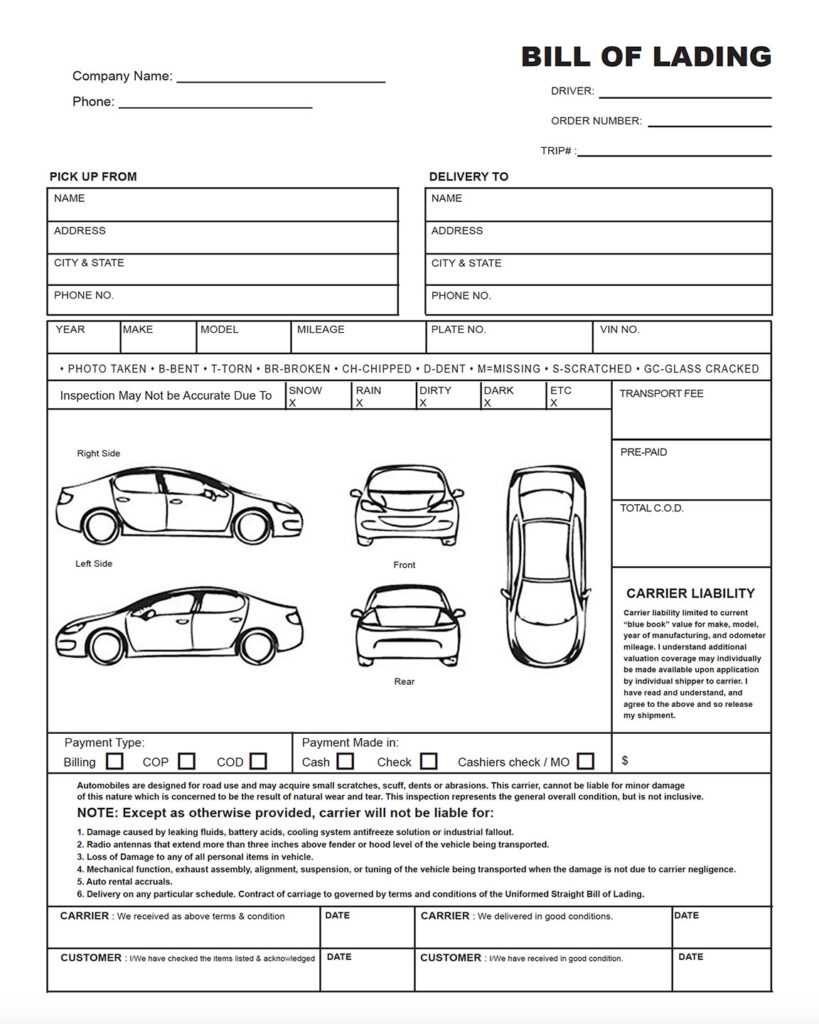 The Auto Transport Bill Of Lading | National Express inside Car Damage ...