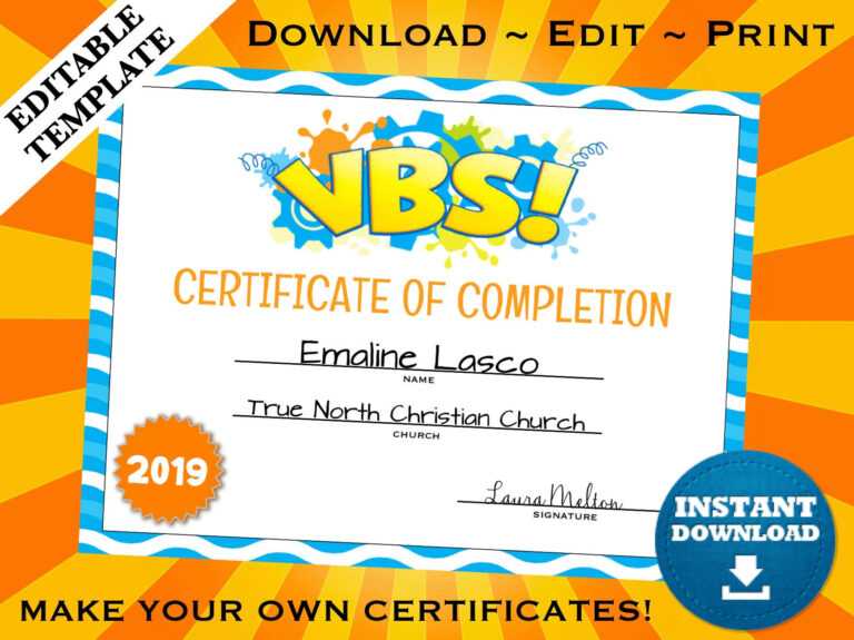 Vbs Vacation Bible School Certificate Of Completion Editable Template ...